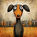 Whimsical Cartoon Dog Standing Among Strangers - Gabriel Pacheco Style