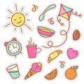 Quirky fashion patches set with food items.