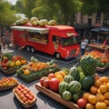 A quirky food truck rally featuring trucks shaped like giant fruits and vegetables, serving their specialties2