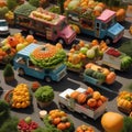 A quirky food truck rally featuring trucks shaped like giant fruits and vegetables, serving their specialties1