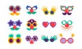 Quirky, funny and Groucho nose glasses. Carnival, Purim, festival masks, costumes parts. Colorful vector elements