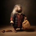 Quirky Hedgehog In Renaissance-style Costume With Nut Sack