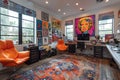 Quirky home office with colorful artwork and unconventional furniture