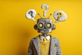 A quirky humanoid robot dressed in a suit, with question marks above its head. Royalty Free Stock Photo