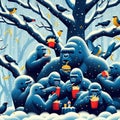 Quirky illustration of gorilla family in a tree share hamburgers , french fries, winter , snowing