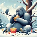 Quirky illustration of gorilla family in a tree share hamburgers , french fries, winter , snowing