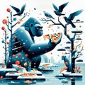 Quirky illustration of gorilla family in a tree sharing slices of mozzarella tomato pizza, winter