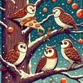 Quirky illustration of owls in a tree sharing slices of mozzarella tomato sauce pizza, winter season