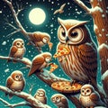 Quirky illustration of owls in a tree sharing slices of mozzarella tomato sauce pizza, winter season Royalty Free Stock Photo