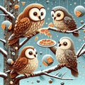 Quirky illustration of owls in a tree sharing slices of mozzarella tomato sauce pizza, winter season Royalty Free Stock Photo