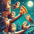 Quirky illustration of owls in a tree sharing slices of mozzarella tomato sauce pizza, winter season Royalty Free Stock Photo