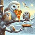 Quirky illustration of owls in a tree sharing slices of mozzarella tomato sauce pizza, winter season