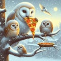 Quirky illustration of owls in a tree sharing slices of mozzarella tomato sauce pizza, winter season Royalty Free Stock Photo