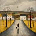Quirky Naive Art: Woman Walking Her Dog In Moody Southern Countryside