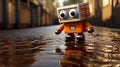 Quirky Orange Robot In Rain: Vray Tracing, Chromepunk Adventure Royalty Free Stock Photo