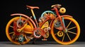 A quirky and playful bike with an unconventional shape and colorful accents, set against a vibrant city backdrop