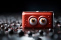 Quirky Red Camera with Cartoon Eyes.