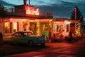 quirky roadside motel with retro decor, quirky rooms and a neon sign