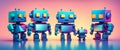 Quirky robots stand together, their simple blocky designs softened by a vibrant gradient backdrop. A playful exploration of