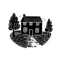 Quirky rural cabin holiday home vector illustration. Block print real estate graphic for scandi winter scene doodle