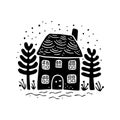 Quirky rural cabin holiday home vector illustration. Block print real estate graphic for scandi winter scene doodle