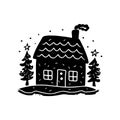 Quirky rural cabin holiday home vector illustration. Block print real estate graphic for scandi winter scene doodle