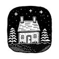 Quirky rural cabin holiday home vector illustration. Block print real estate graphic for scandi winter scene doodle