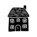 Quirky rural cabin holiday home vector illustration. Block print real estate graphic for scandi winter scene doodle