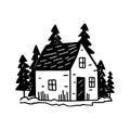 Quirky rural cabin holiday home vector illustration. Block print real estate graphic for scandi winter scene doodle