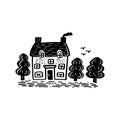 Quirky rural cabin holiday home vector illustration. Block print real estate graphic for scandi winter scene doodle