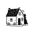 Quirky rural cabin holiday home vector illustration. Block print real estate graphic for scandi winter scene doodle