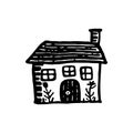 Quirky rural cabin holiday home vector illustration. Block print real estate graphic for scandi winter scene doodle