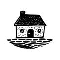 Quirky rural cabin holiday home vector illustration. Block print real estate graphic for scandi winter scene doodle