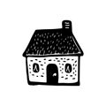 Quirky rural cabin holiday home vector illustration. Block print real estate graphic for scandi winter scene doodle