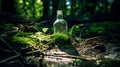 Quirky Visual Storytelling: Abandoned Bottle In Enchanting Forest