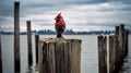 Quirky Visual Storytelling: Cardinal On Old Pier In New York City