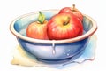 Quirky Watercolor Illustration Of An Apple In A Bowl