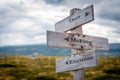 quit making excuses text engraved on old wooden signpost outdoors in nature