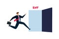 Quit routine job, businessman worker in suit running in hurry to emergency door with the sign exit