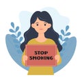 quit smoking. cute girl holds a banner with the text Stop smoking. Flat vector Royalty Free Stock Photo