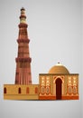 Front view of Qutub Minar New Delhi, India, The tallest minaret in India is a marble and red sandstone tower that represents the b