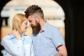 Quite moments together. Couple in love on summer day. Sensual woman and bearded man enjoy romantic date. Loving couple Royalty Free Stock Photo