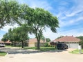 Quite neighborhood with tall trees canopy, pathway and single family houses lined up Royalty Free Stock Photo