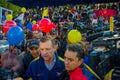 Quito, Ecuador - April 7, 2016: Closeup opposition leader Andres Paez surrounded by people, police and journalists