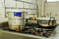 QUITO, ECUADOR, AUGUST 21, 2018: Close up of pots over the stove in the kitchen inside of a refuge for Venezuelan people
