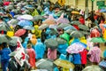 Quito, Ecuador - August 27, 2015: Large crowd and many umbrellas in city streets during demonstrations Royalty Free Stock Photo