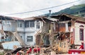 Quito, Ecuador - December 09, 2016: An unidentified group of firemans, cleaning the damage area and destruction, debris