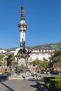 QUITO, ECUADOR - FEBRUARY 07, 2020: Plaza Grande and Metropolitan Cathedral, historic colonial downtown of Quito, Ecuador. South