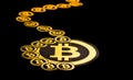 Quito, Ecuador - January 31, 2018: Close up of Golden Bitcoin logo. with small bitcoins logos around the big one and Royalty Free Stock Photo