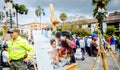 QUITO, ECUADOR, JANUARY 11, 2018: Close up of photographies over a wooden structure at outdoors in plaza grande with Royalty Free Stock Photo